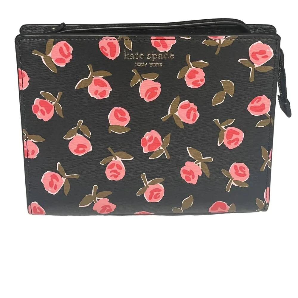 Kate Spade New York Spencer Ditsy Rose Printed PVC Wristlet with Gusset Black